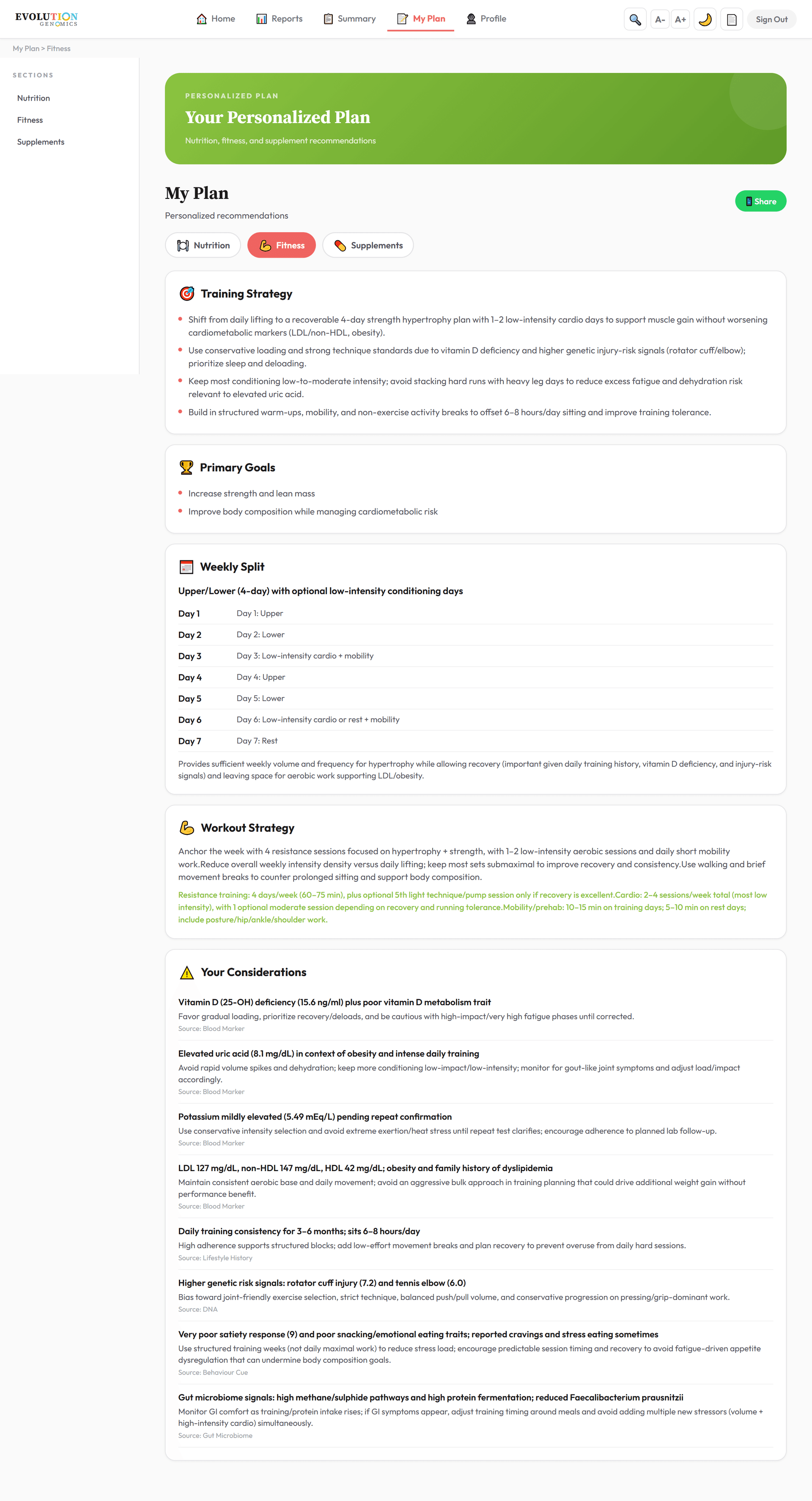 Evolveme fitness recommendations